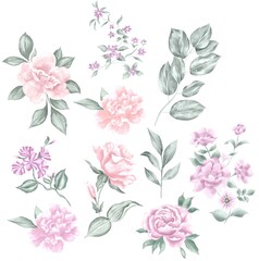 Watercolor Bouquet of flowers, isolated, white background, pink and purple roses and green leaves