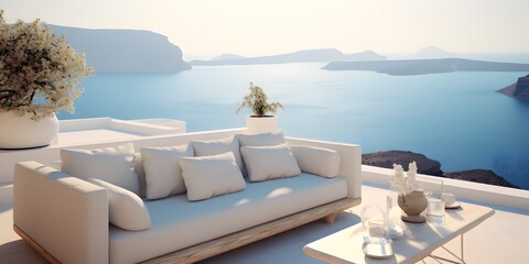 Luxury apartment terrace Santorini Interior of modern living room sofa or couch with beautiful sea view
