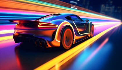 Fast Moving Sports Neon Car On Neon Style Highway. Most Powerful acceleration of a supercar with Colorful Lights Tails Background. Generative AI.