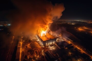 Aerial view of Big explosion and fire on power plant. Generative AI