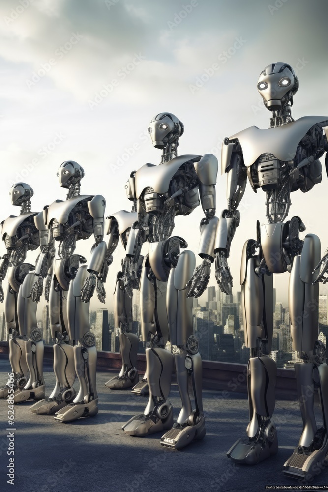 Poster sophisticated robots stand are arranged in a row, backdrop of a glittering city. generative ai