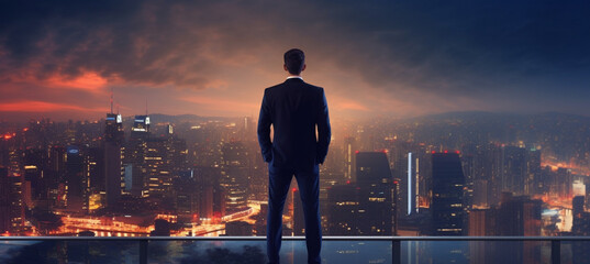 Confident businessman standing on the building rooftop while looking at the silhouette of cityscape at