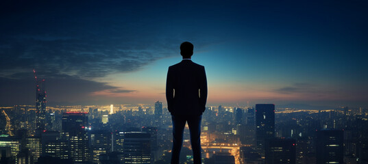 Fototapeta na wymiar Confident businessman standing on the building rooftop while looking at the silhouette of cityscape at