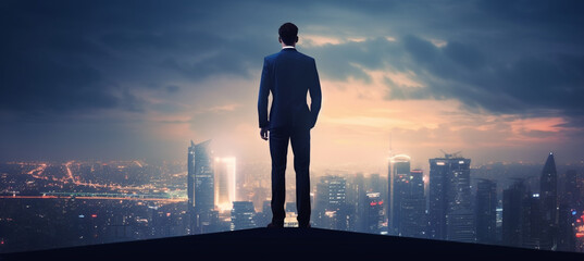 Confident businessman standing on the building rooftop while looking at the silhouette of cityscape at