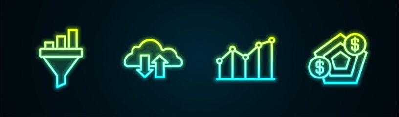 Set line Sales funnel with chart, Cloud download and upload, Pie infographic and Financial growth. Glowing neon icon. Vector