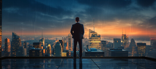 Confident businessman standing on the building rooftop while looking at the silhouette of cityscape at