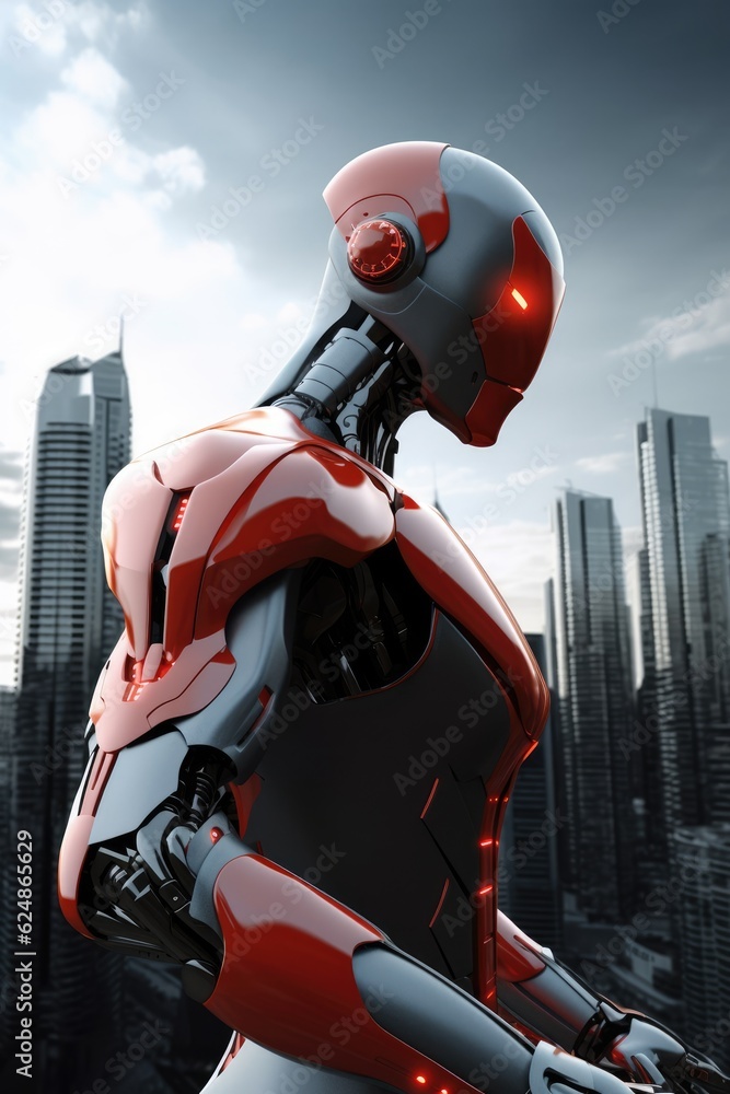 Poster robot with a glowing red visor in cityscape, generative ai