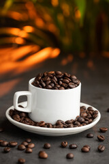 Coffee cup with coffee beans image, High quality photograph of coffee beans with copy space