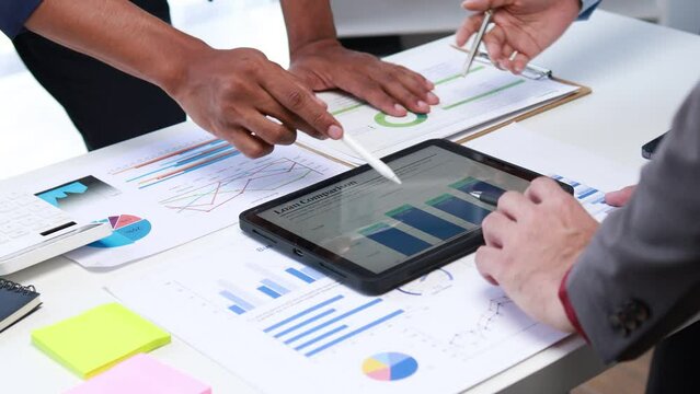 Groups of people joining in discussions, business meetings, startup company sales team meetings, brainstorming and summary of company performance. Business strategy management concept.