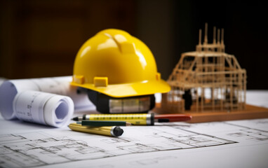 Construction plans with white helmet and drawing tools on bluepr