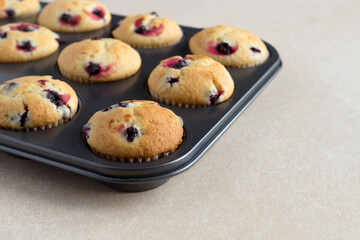 Tasty berries maffins cupcakes stuffed with black currant or blueberries. Healthy homemade berry pastry. Cooking, bakery.