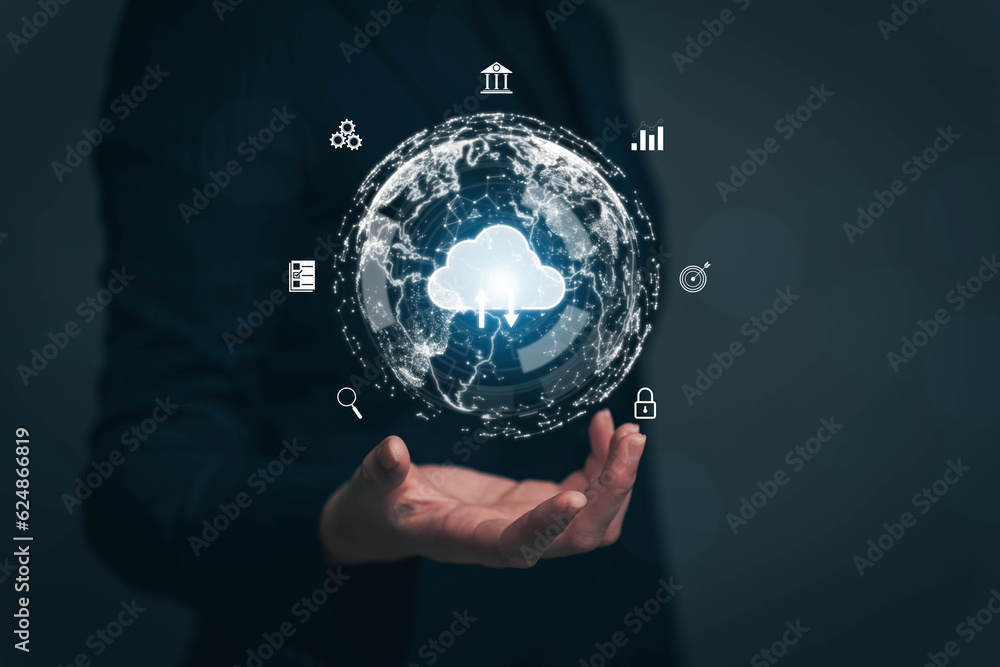 Poster the globe icon is on the hand of a businessman. big data analysis and business concept with charts a