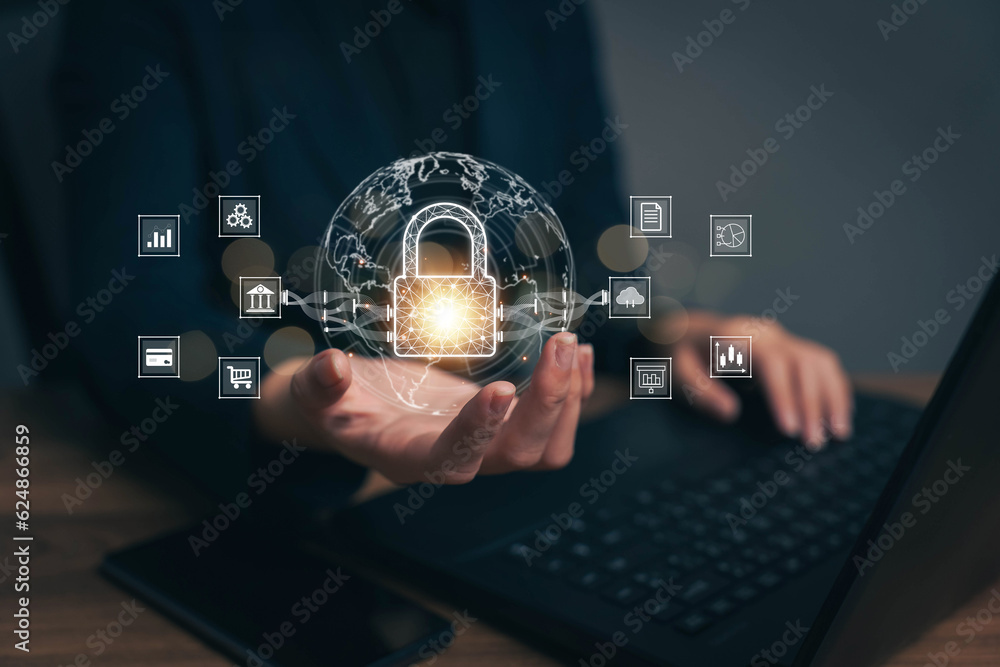 Poster businesswoman locking sensitive financial data for cyber security protection. cyber security concept
