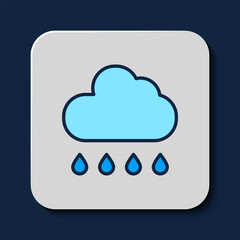 Filled outline Cloud with rain icon isolated on blue background. Rain cloud precipitation with rain drops. Vector