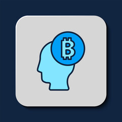 Filled outline Bitcoin think icon isolated on blue background. Cryptocurrency head. Blockchain technology, digital money market, cryptocoin wallet. Vector