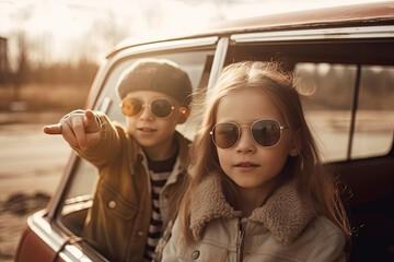 Happy siblings looking out from window at car and enjoying road trip. Boy in sunglasses points his hand into distance, created with Generative AI