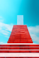 Red staircase leading up to the top of tall white structure with blue sky in the background. Generative AI.