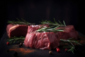 Pieces of fresh beef with rosemary on a black background. Generative AI