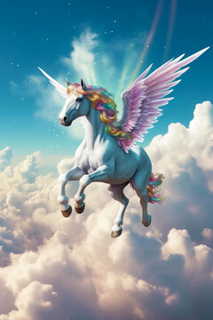 Image of unicorn with wings flying in the sky with clouds in the background. Generative AI.