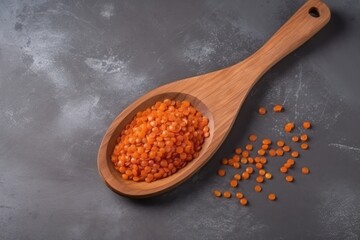 Red lentils in a wooden spoon on a gray background. Generative AI