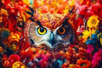 Close up of owl with yellow eyes surrounded by red and yellow flowers. Generative AI.