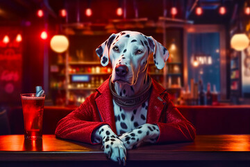 Dalmatian dog sitting at table with drink in front of him. Generative AI.