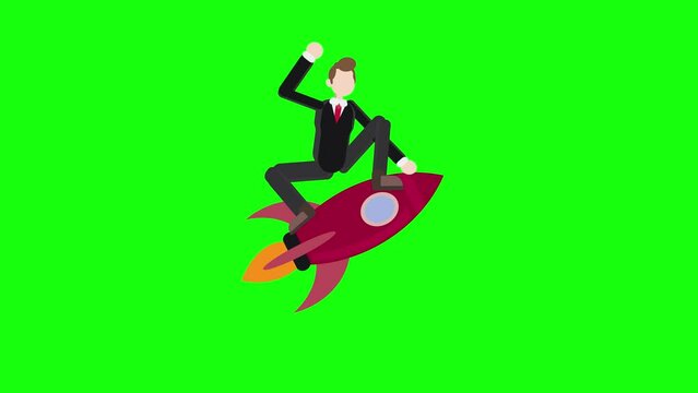 happy successful businessman flying on rocket animation green screen background, entrepreneur achievement success concept