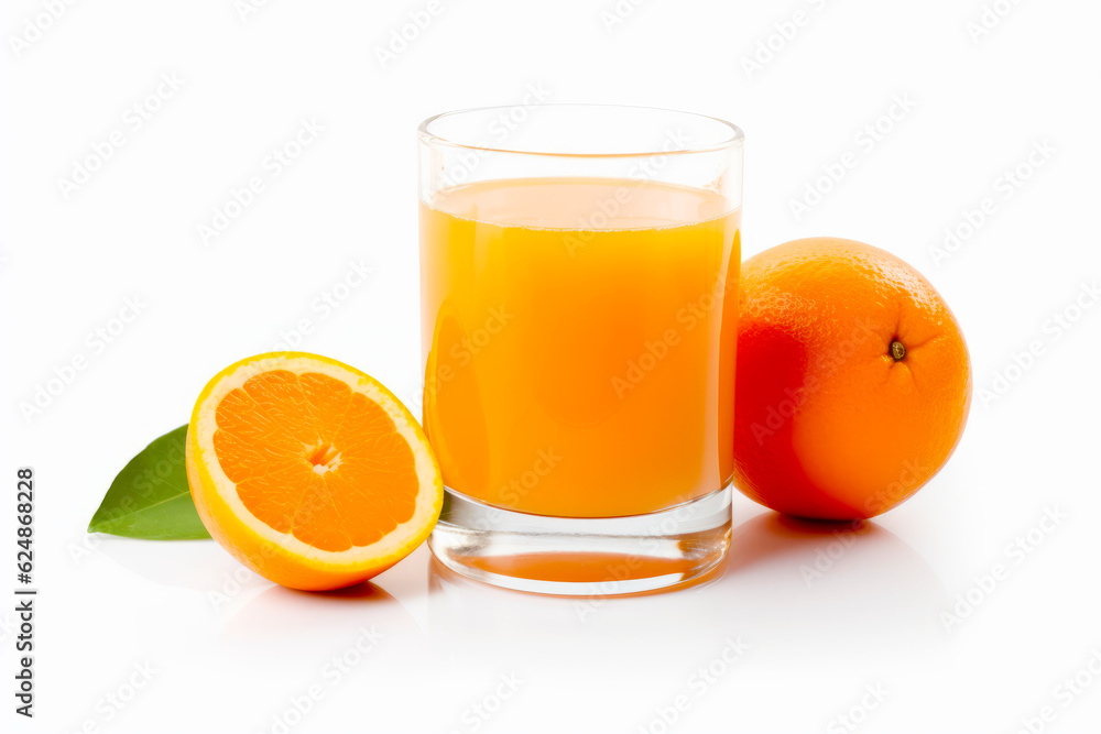 Sticker glass of orange juice next to orange and half of orange. generative ai.