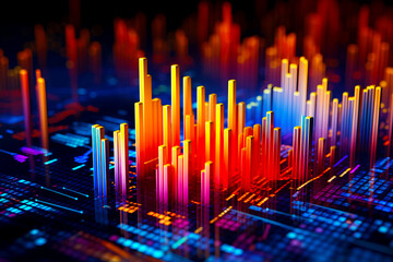 Fototapeta premium Close up of colorful bar chart on computer screen with black background. Generative AI.