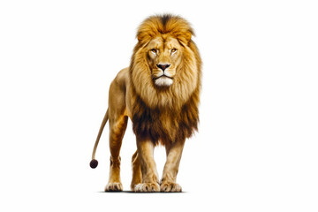 Lion is standing in front of white background and looking at the camera. Generative AI.