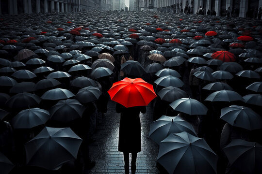 Woman with red umbrella stands in crowd of black umbrellas. Generative AI.