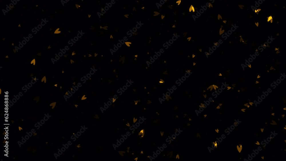 Poster loop flow falling glow golden heart on black background animation. golden heart animation for romant