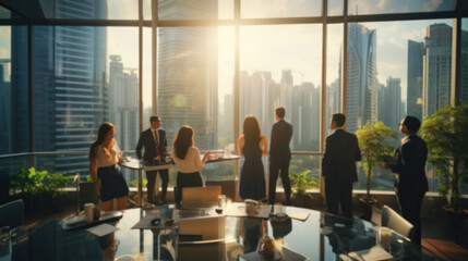 Fototapeta premium soft and blurred, silhouette style . backside of business team. tower view of business district. Generative Ai