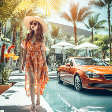 fashion woman wearing sunglasses and dress walking hotel, Generative AI