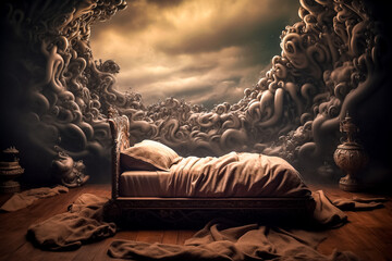 Le monde des cauchemars - Lit avec oreiller dans un  endroit angoissant et dramatique - Générative iA