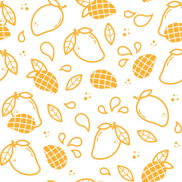 Mango vector seamless pattern in outline style. Fruit for package, kitchen design, fabric and textile
