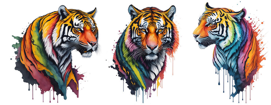 Watercolor Colorful Tiger Collection On A Transparent Or White Background. Abstract Portrait Colorful Tiger
