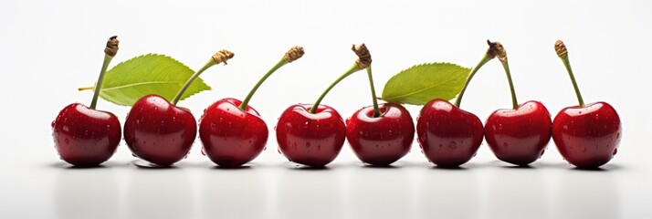 A Row Of Cherries With Leaves On A White Background. Cherries, Leaves, Photography, Composition, Color, Backgrounds. Generative AI