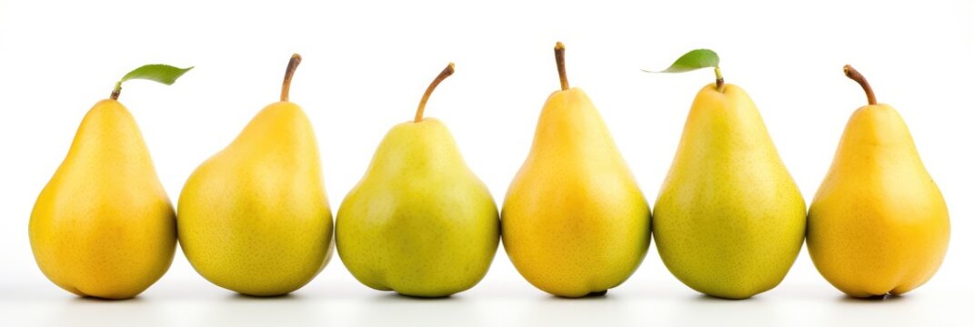 A Row Of Pears And A Row Of Pears On A White Background. Pears, Photography, White Background, Fruits, Composition, Perspective. Generative AI