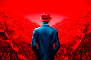 Homme en costume avec chapeau rouge regardant des feuilles rouges dans une nature rouge - Illustration surréaliste sur le réchauffement climatique - Générative IA - obrazy, fototapety, plakaty
