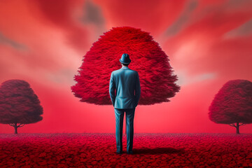 Homme en costume avec chapeau regardant des feuilles rouges dans une nature rouge - Illustration surréaliste sur le réchauffement climatique - Générative IA - obrazy, fototapety, plakaty