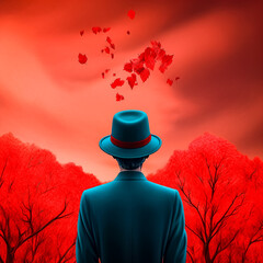 Homme en redingote avec chapeau regardant des feuilles rouges dans une nature rouge - Illustration surréaliste sur le réchauffement climatique - Générative IA - obrazy, fototapety, plakaty