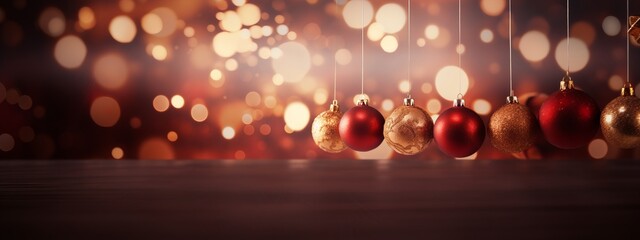 christmas celebrate bokeh background shiny red gold color decorating ball with warm happiness...