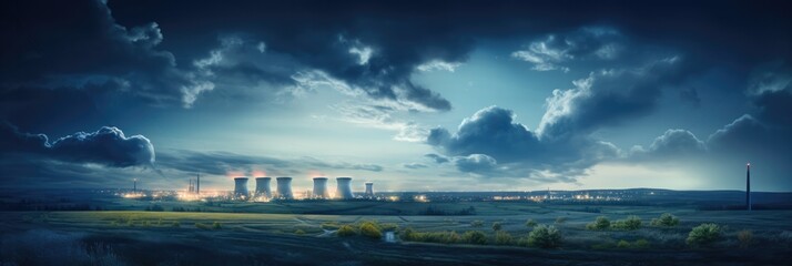 A Painting Of A Nuclear Power In The Distance Under A Cloudy Sky. Factory In Painting, Cloudy Sky, Factory View, Industrial Scene, Factory Structures, Atmospheric Environment. Generative AI
