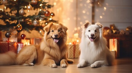 Fototapeta na wymiar lovely dog pet animal stay happiness in a house with christmas celebrate decoration fullfill with fireplace lighting bokeh and christmas tree with decoate background,ai generate