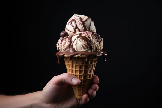 A Hand Holding An Ice Cream Cone Filled With Chocolate. Ice Cream,Chocolate,Holding Hands,Dessert,Summer Treats,Cones. Generative AI