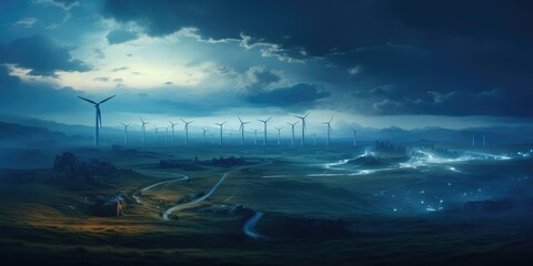 A Painting Of A Wind Farm At Night. Wind Farm Art, Nighttime Painting, Energy Production, Renewable Resources, Sustainable Development, Landscape Design. Generative AI