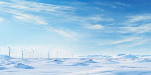 A Snow Covered Landscape With Wind Turbines In The Distance. Snow, Wind Turbines, Landscapes, Winter, Energy Production, Nature. Generative AI