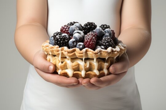 A Person Holding A Waffle Topped With Berries And Blueberries. Wafflemaking, Toppings For Waffles, Benefits Of Berries, Benefits Of Blueberries, Waffleeating Techniques. Generative AI