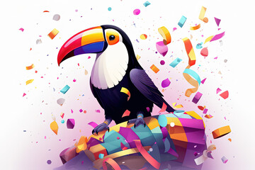 cute cartoon toucan with confetti sprinkles, a low poly illustration, adorable character, mascot, concept, digital art